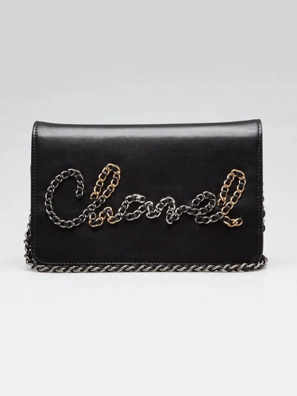Chanel Black Lambskin Leather Written In Chain WOC Clutch Bag
